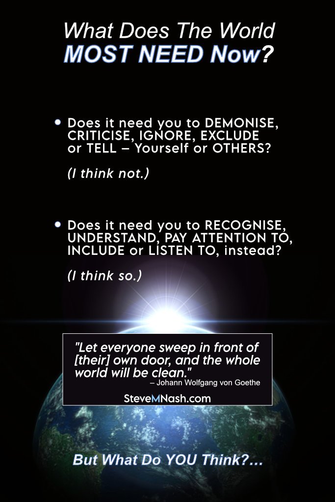 What does the world need most, question - placed on black background with blue planet beneath